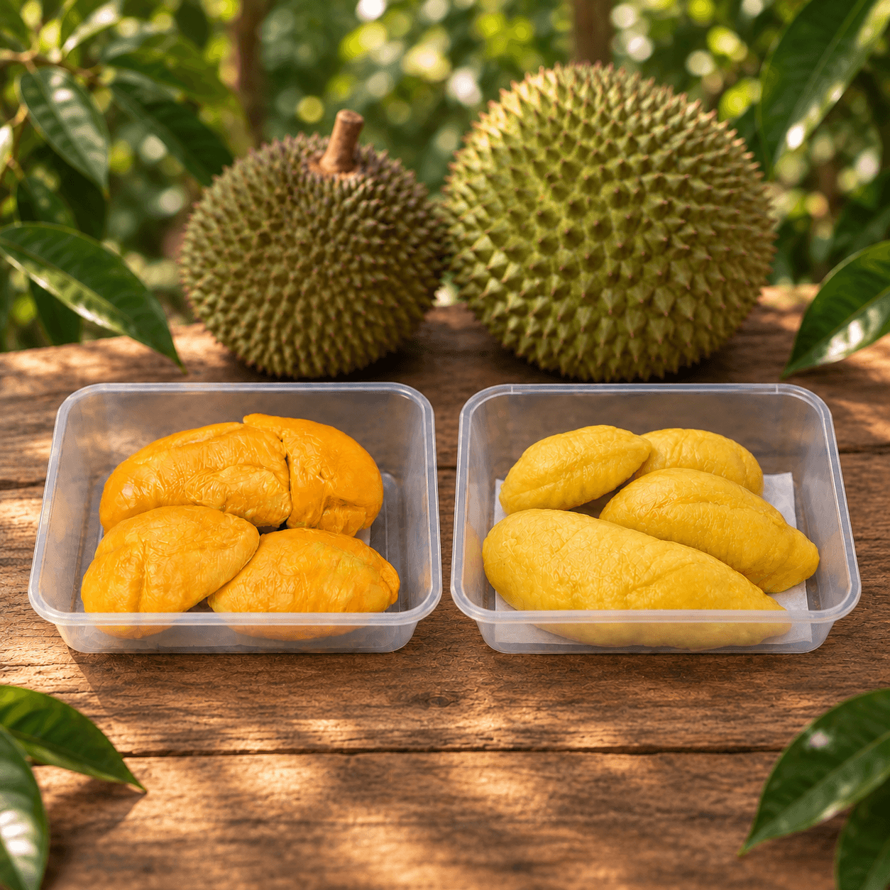 Black Thorn and Musang King pulp containers