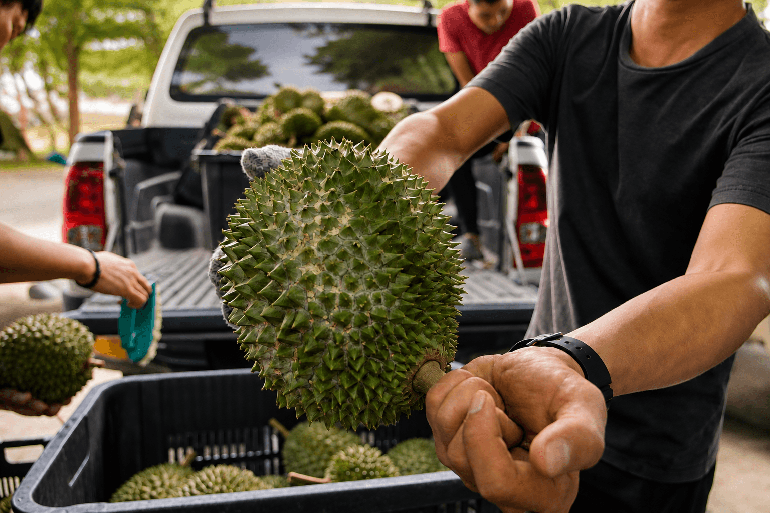Whole durians being handled by the team